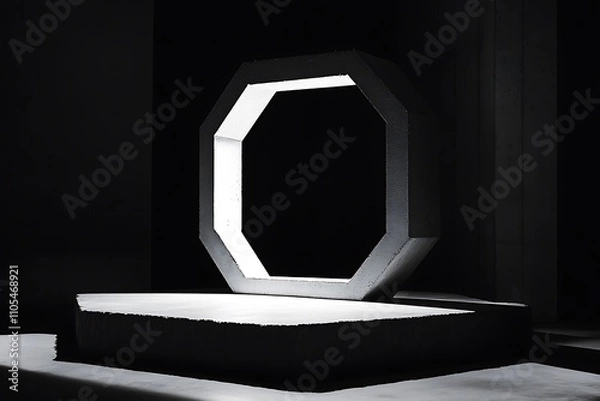 Fototapeta A Modern Architectural Frame of Concrete Octagon in a Minimalist Black and White Setting with a Stage and Light Shadow