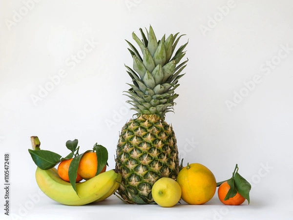 Fototapeta Fruits on a white background. Pineapple, bananas and citrus fruits.