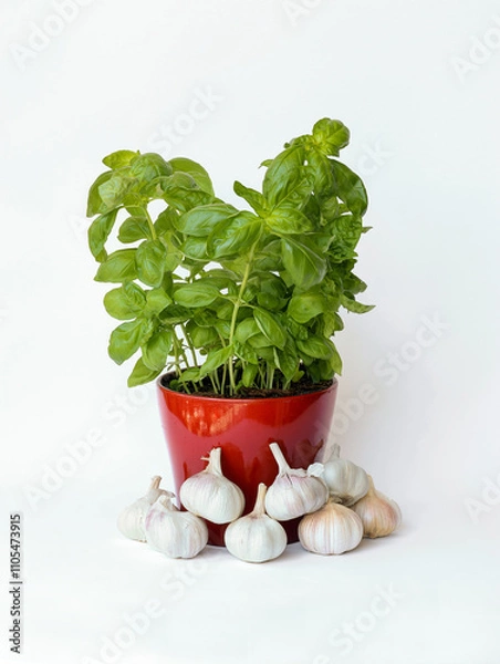 Fototapeta Fresh basil in a pot with garlics on white background.