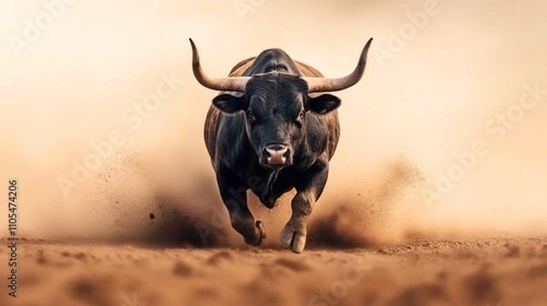 Fototapeta Powerful black bull running towards the camera on a dusty terrain, with raised dust clouds around its hooves, showcasing movement and energy in a dynamic landscape.