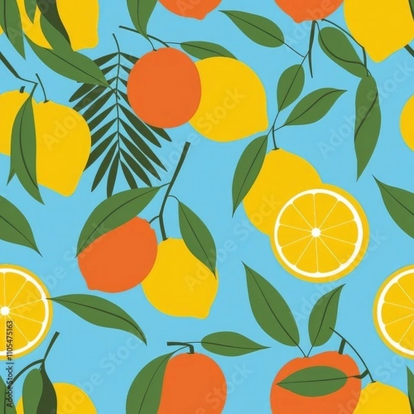 Fototapeta Colorful vector summer seamless pattern with fruits illustration isolated on white background
