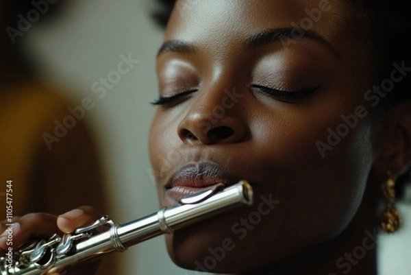 Fototapeta A woman plays a flute with her eyes closed, embodying grace and emotion, reflecting a deep connection with her music and conveying a sense of calm and beauty.