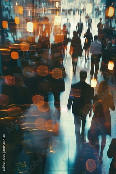 Obraz Blurry image of a crowded city street with people walking and carrying bags. Scene is busy and bustling, with people going about their daily lives