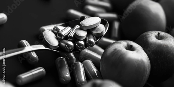 Obraz Spoonful of pills and an apple are on a table. The pills are scattered around the spoon and the apple is on the right side of the spoon. Concept of health and wellness, as the combination of pills