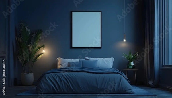 Fototapeta Serene bedroom with a dark blue color scheme, featuring a cozy bed, stylish lighting, and a calming atmosphere.