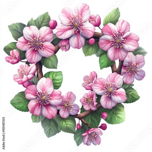 Obraz Beautiful vector illustration of a cherry blossom branch adorned with pink flowers and fresh green leaves on a white background perfect for spring decorations