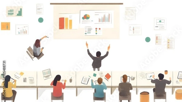 Fototapeta Vector flat illustration of business people meeting, top view with white background and color blocks showing graphs and charts