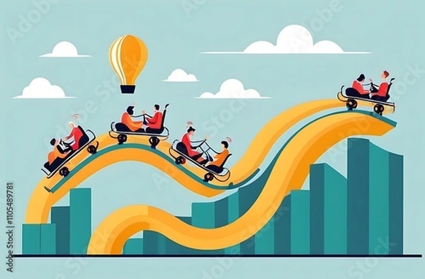 Obraz Investment volatility metaphor of riding roller coaster, financial stock market fluctuation rising up and falling down concept, people investors riding roller coaster on fluctuated market chart.