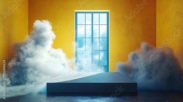 Obraz Abstract 3D Render: Yellow Room, Clouds, Platform
