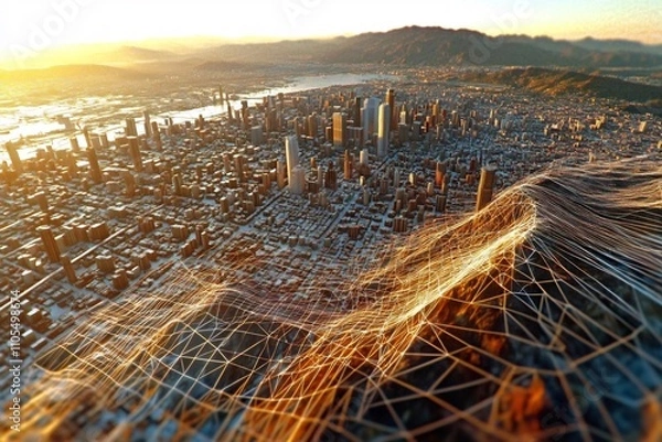 Fototapeta Illuminated Cityscape With Overlaid Digital Network Patterns at Sunset