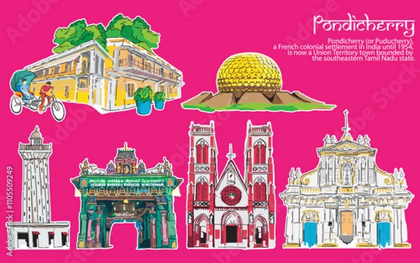 Fototapeta Vector set of city historical architecture in Pondicherry India.