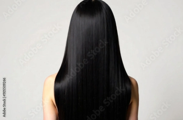 Obraz A woman stands with her back to the viewer, showcasing her long, straight, glossy black hair in a studio