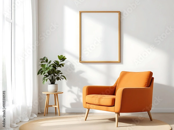Fototapeta Minimalist, japandi interior design of modern living room featuring a cozy armchair against window and blank frame