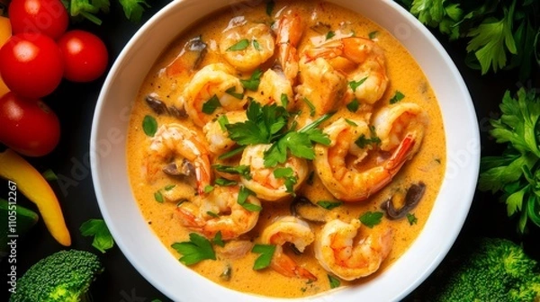 Fototapeta Creamy Shrimp Pasta with Fresh Herbs and Colorful Vegetables