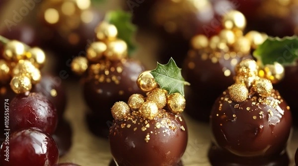 Fototapeta Grapes dipped in chocolate with gold dusting for a holiday touch.
