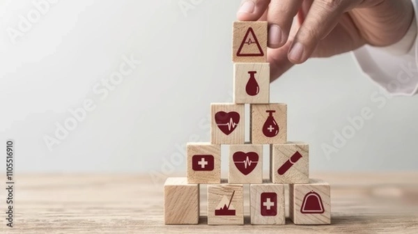 Fototapeta Doctor hand arranging wood block stacking with healthcare and medical icon insurance for your health. 