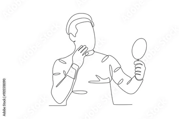 Obraz Single continuous line drawing of Man looking at his teeth in the glass, dental concept.  Dynamic single line draw design graphic vector illustration.
