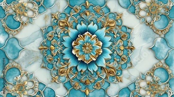 Obraz Intricate oriental floral design pattern on tiled background. Decorative blue, gold Islamic tile pattern. High-quality decorative image ideal for wall mural wallpaper. Exquisite ornamental detail.