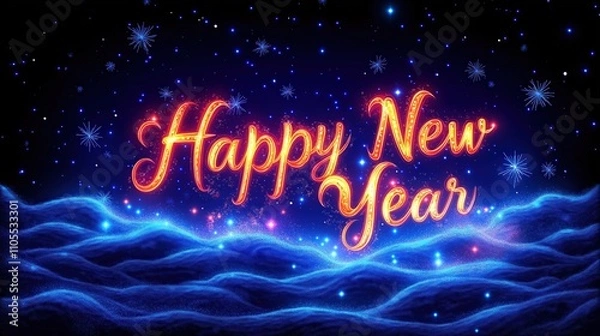 Fototapeta Happy New Year Typography with Glowing Stars on Night Sky Background