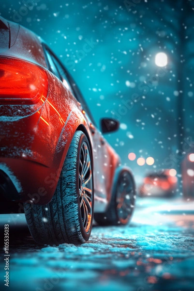 Obraz Auto auf winterlicher verschneiter Straße
