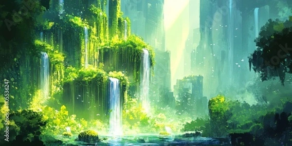 Fototapeta Lush Green Futuristic City Waterfall Paradise Fantasy Art