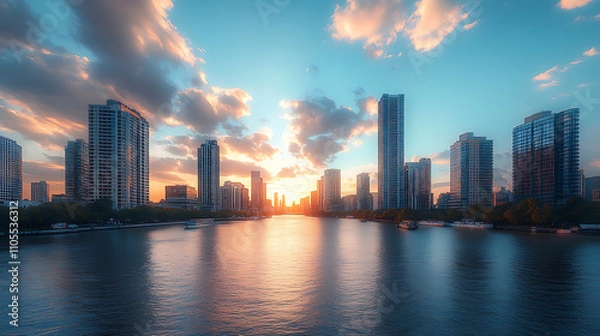Fototapeta Stunning skyline at sunset with reflections on river, showcasing modern buildings and vibrant clouds. perfect blend of nature and urban life