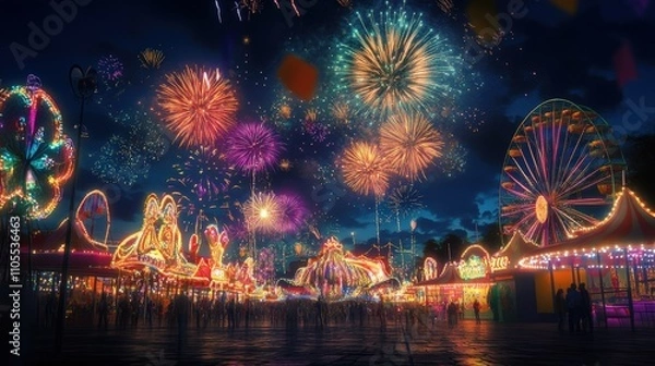 Fototapeta vibrant display of New Year fireworks illuminates lively carnival at night, with colorful rides and joyful crowds celebrating under dazzling sky