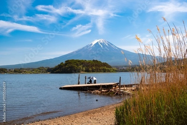 Fototapeta Mt. Fuji on a Sunny Day from lake Kawaguchi, Japan