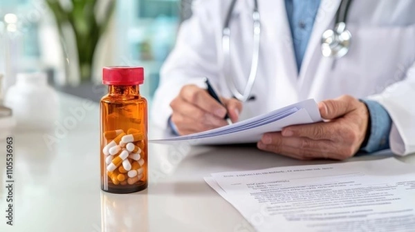 Fototapeta A prescription bottle on a counter, with a pharmacist in a white coat reviewing paperwork in the blurred background, medical focus
