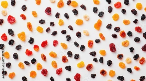 Fototapeta Aerial view of colorful mix of dried fruits spread on white background, showcasing vibrant hues and textures