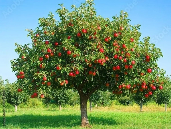 Obraz lush apple tree in full bloom stands in vibrant orchard, its branches heavy with bright red apples under clear blue sky