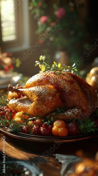 Fototapeta Rustic thanksgiving dinner with turkey and autumn vegetables