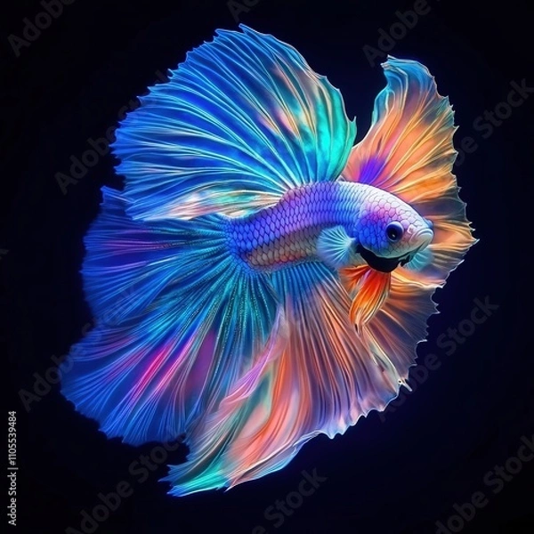 Fototapeta vibrant Thai betta fish flares its colorful fins against dark background, showcasing stunning display of iridescent blues, purples, and oranges. dynamic movement captures elegance and beauty of this