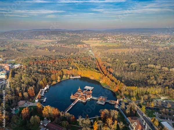 Fototapeta Heviz, Hungary - Aerial view of Lake Heviz, the world’s second-largest thermal lake and holiday spa destination at Zala county on autumn

