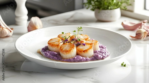 Fototapeta Hand-Dived Scottish King Scallops with Champagne Beurre Blanc, Fresh Caviar and Purple Cauliflower Puree, Luxury Seafood Restaurant Photography