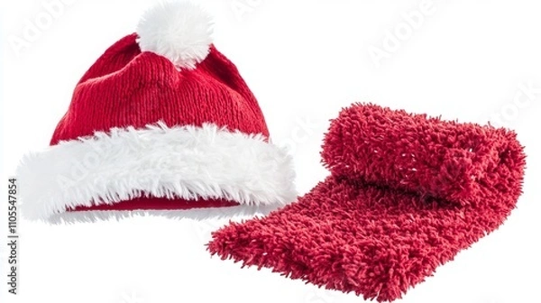 Fototapeta This festive Santa Claus hat set is isolated on a white background, providing a clear and transparent image. The set consists of a plush red hat with a fluffy white brim and a matching red scarf