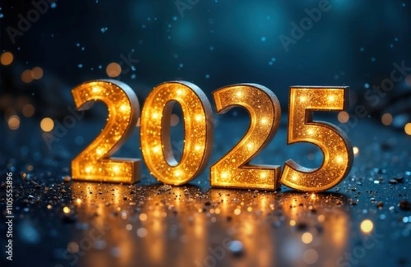 Fototapeta Close-up view of shimmering gold numbers 2025. Glitter accents digits. Numbers glow brightly in festive design. Glowing display set against dark background with bokeh lights. Celebratory, hopeful