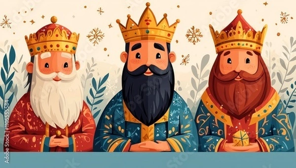 Fototapeta Illustration of the three wise men in colorful robes and crowns holding gifts in a festive snowy scene Generative AI