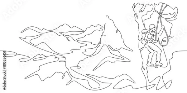 Obraz Continuous one line drawing rock climber on a rock. A climber climbs a rope over a cliff. Mountain landscape.One continuous line isolated minimal illustration.Not AI.