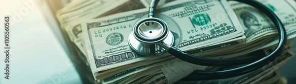 Fototapeta Digital Stethoscope Wrapped Around Pile of Dollar Bills Symbolizing Rising Healthcare Costs