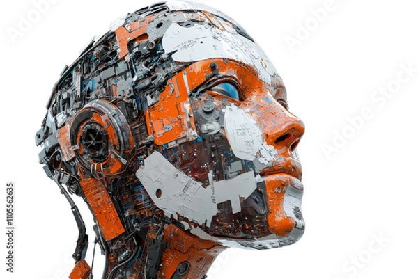 Fototapeta A detailed robotic head showcasing intricate designs and a combination of metallic and painted surfaces.