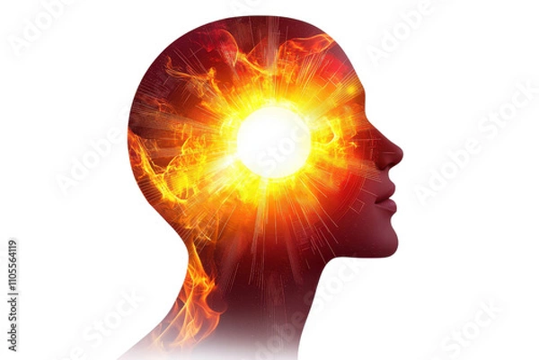 Fototapeta A silhouette of a human head with a fiery explosion at the forehead, symbolizing enlightenment and powerful thoughts.