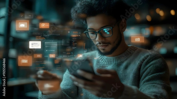 Fototapeta Person Uses Mobile Device, Accessing Digital Data Night