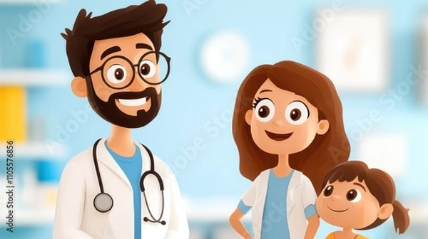 Fototapeta A bearded doctor interacts with a happy family, including two women and a child, in a bright clinical setting, conveying the theme of family healthcare.