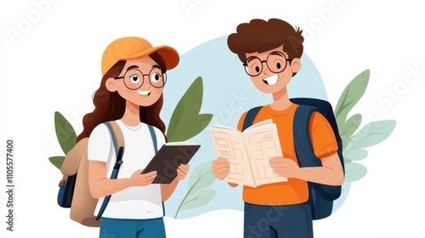 Fototapeta Illustrated duo with backpacks discussing and reading papers surrounded by greenery, symbolizing curiosity and teamwork. In vibrant cartoon style typical of 2020s.