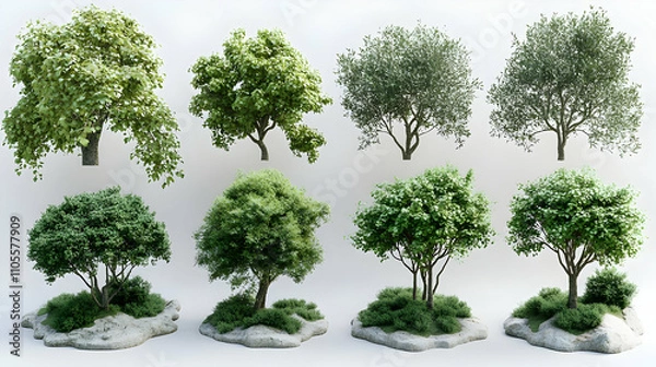 Obraz Stunning 3D Models: Lush Green Trees & Shrubs for Landscaping Designs