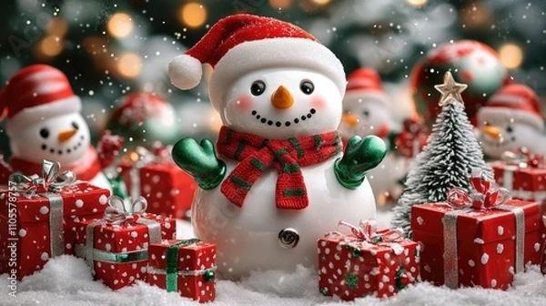 Fototapeta A festive Christmas scene with snowmen, presents, and decorations
