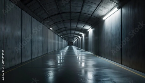 Fototapeta Empty underground tunnel. Modern dark corridor with grey walls, led lights. Perspective view of warehouse garage interior. Grungy concrete texture. Minimalist design. Industrial vibe. Empty space.