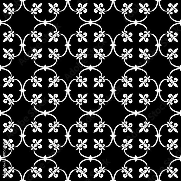 Fototapeta Forged seamless pattern of white fleur-de-lis on a black background. Openwork metal fence design. Modern style for wallpaper, wrapping, fabric, background, apparel, other print production. Vector