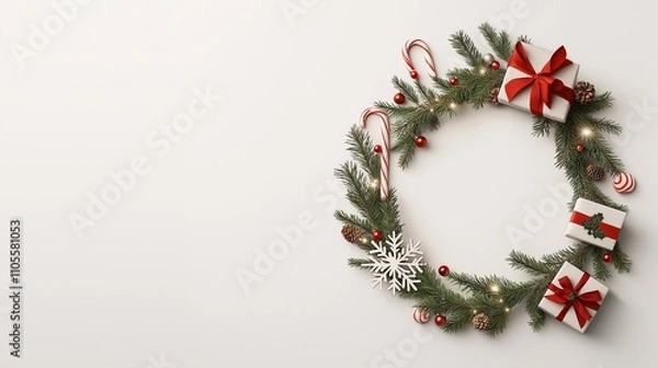 Fototapeta Festive Christmas Wreath with Red Bows, Candy Canes, Pine Cones, and Ornaments Perfect for Holiday Decorations and Seasonal Celebrations